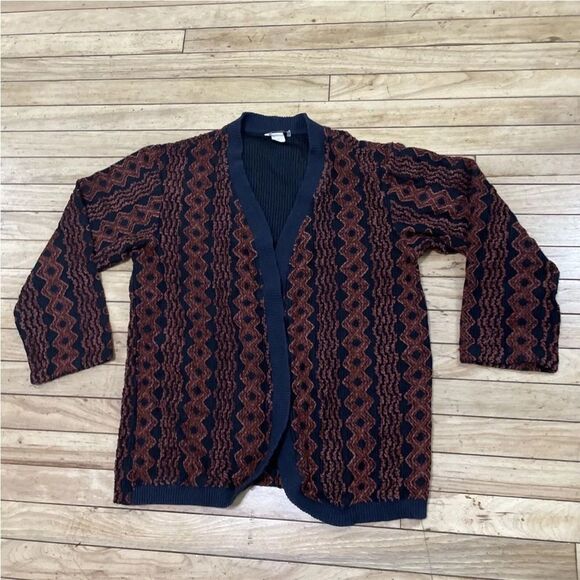 Vintage MIMOSA USA Open Cardigan Chunk Knit Brown Black Rayon Blend Gran Retro L - Picture 3 of 16